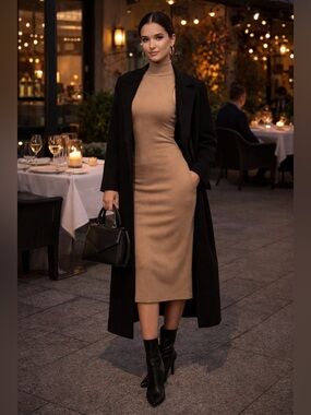 Zara Sleeveless Mock Neck Midi Dress in Camel